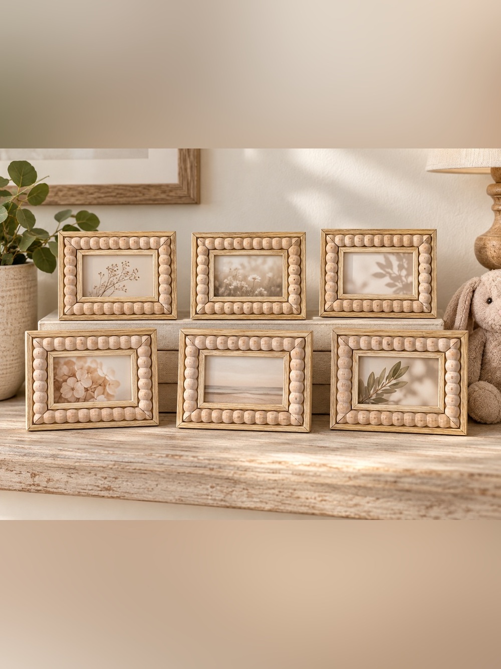 Set of 6 NWOT Rustic Wood Beaded 3x2 Photo Frames
